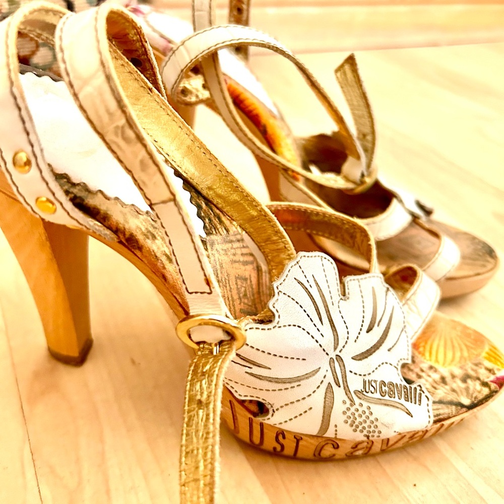 Just Cavalli Gold and White High Heels with Floral Design